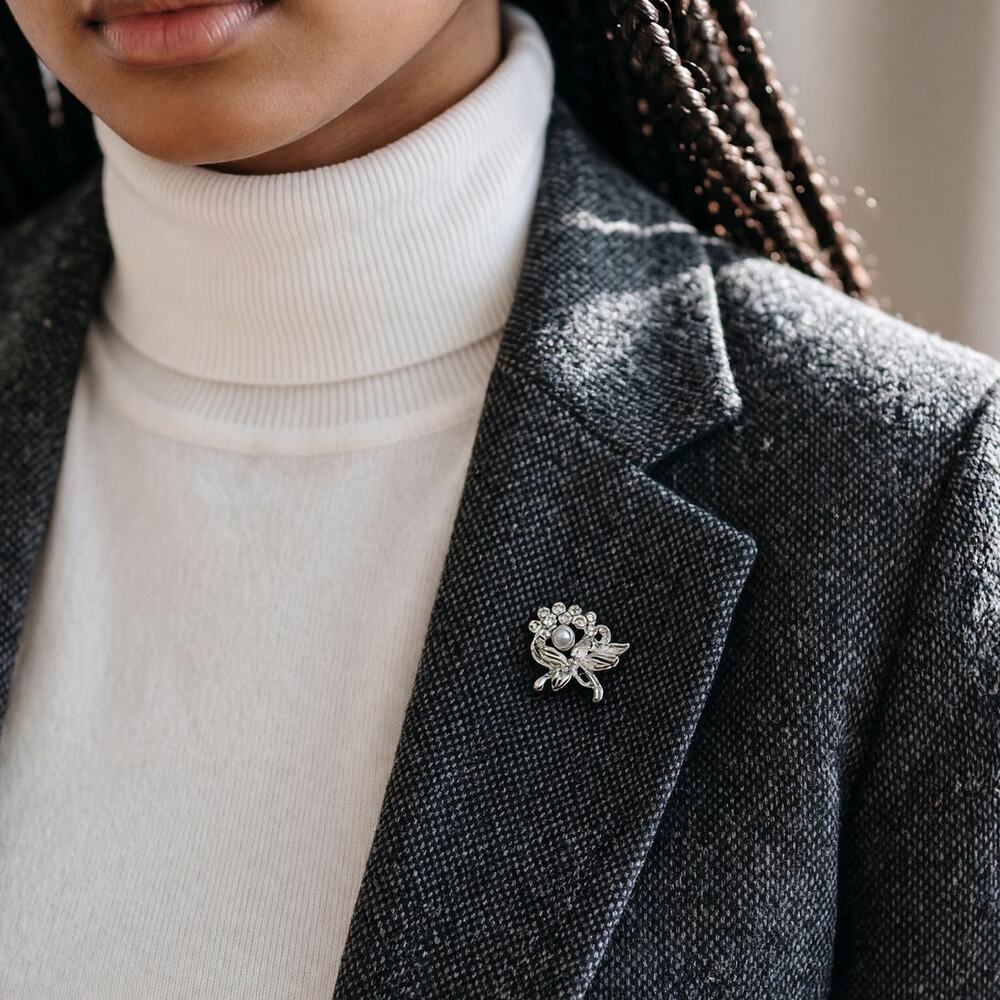 Silver Tone Faux Pearl Rhinestone Flower Bow Brooch Pin
